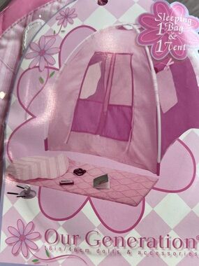 Our Generation 18” Doll Camping Pink Tent, Sleeping Bag, Harmonica, More NEW